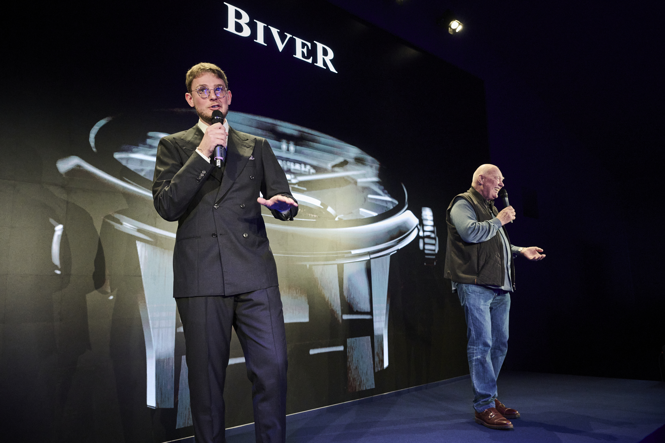 Pierre and Jean-Claude Biver on stage at the announcement of their watch.