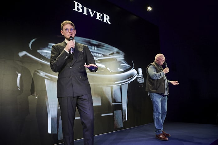 Pierre and Jean-Claude Biver on stage at the announcement of their watch.