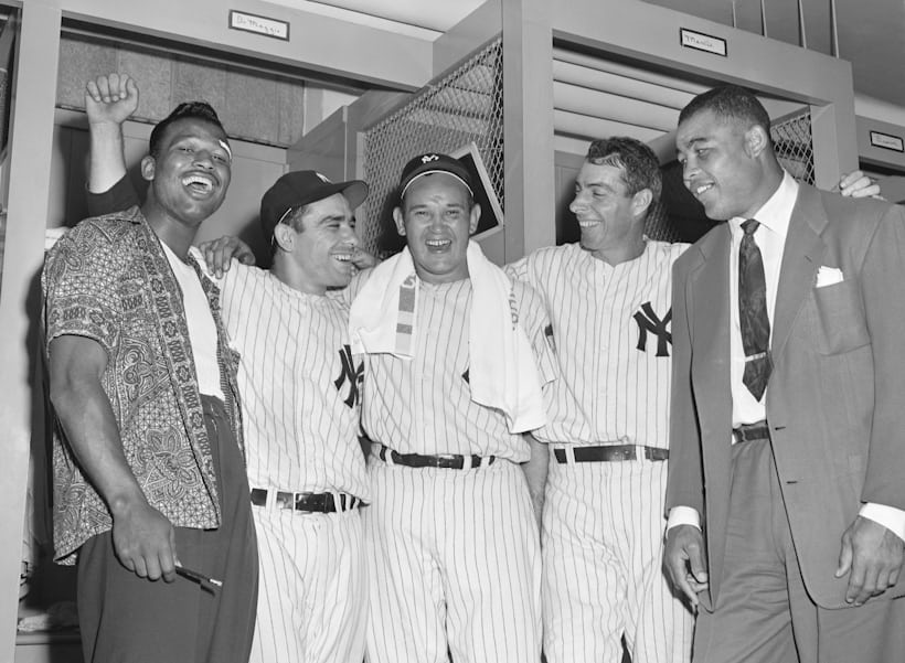 Sugar Ray Robinson and Joe Lewis with the New York Yankees