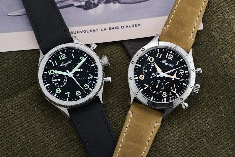 The Breguet Type 20 (left, with mint green dial and two registers) and Type XX with three registers