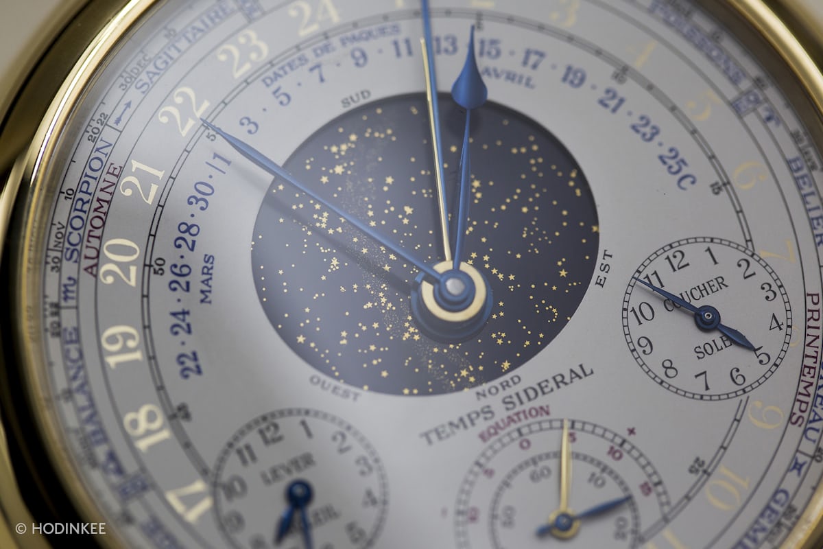Astronomical dial of the Caliber 89, with indication of sunrise and sunset, the Equation of Time, star chart, position of the Sun along the Plane of the Ecliptic, and the date of Easter.