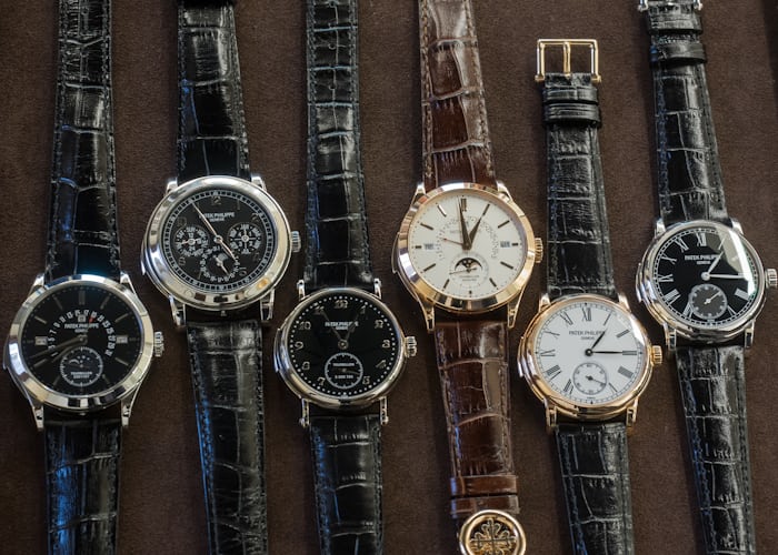 Left to right: references 5216P, 5074P, 5539 (hand wound repeater only) 5216R, 5078R, and 5078P (both self-winding, minute repeater only).