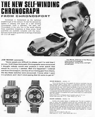 1969 Heuer Chronomatic advertisement with the headline "THE NEW SELF-WINDING CHRONOGRAPH FROM CHRONOSPORT"