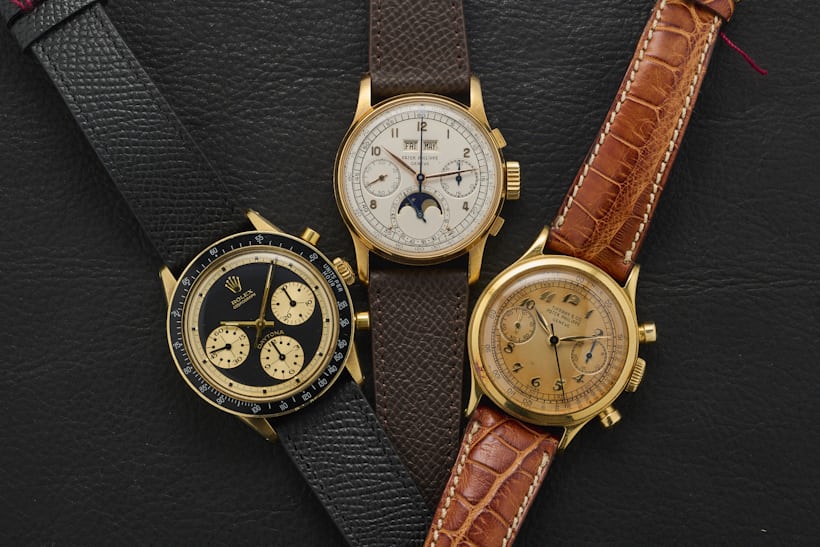 collection of rolex and patek vintage chronographs
