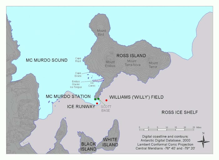 MSSTs was carried out in the McMurdo Sound, pictured here. The US McMurdo station is located near Scott  Base, where MSSTs was headquartered. 