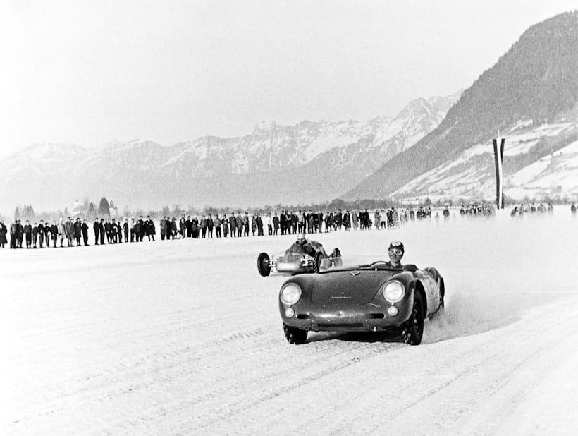 a porsche 550 on the ice in Zell in the 50s. 