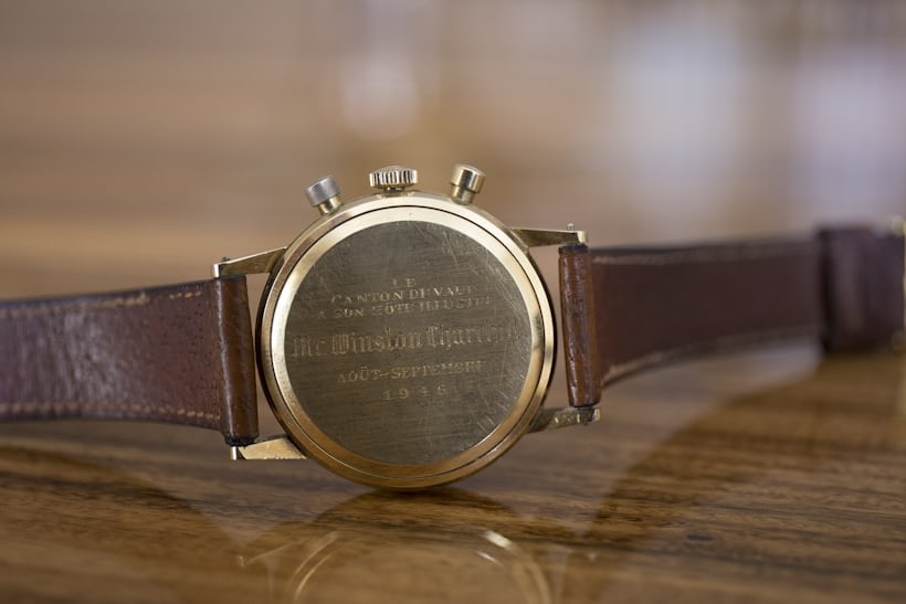 Winston Churchill Yellog Gold Lemania Chronograph Sotheby's Engraving Back