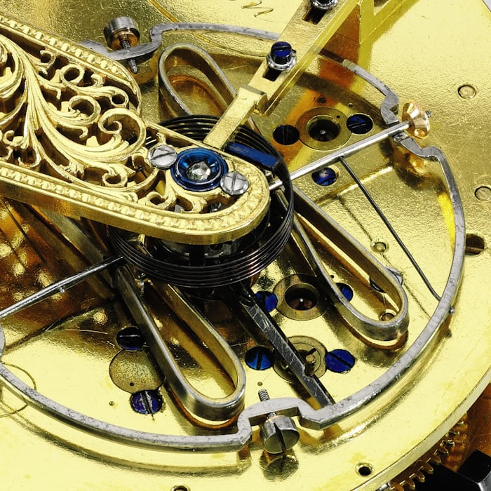 John Arnold pocket chronometer with cylindrical balance spring, and early temperature compensated balance.