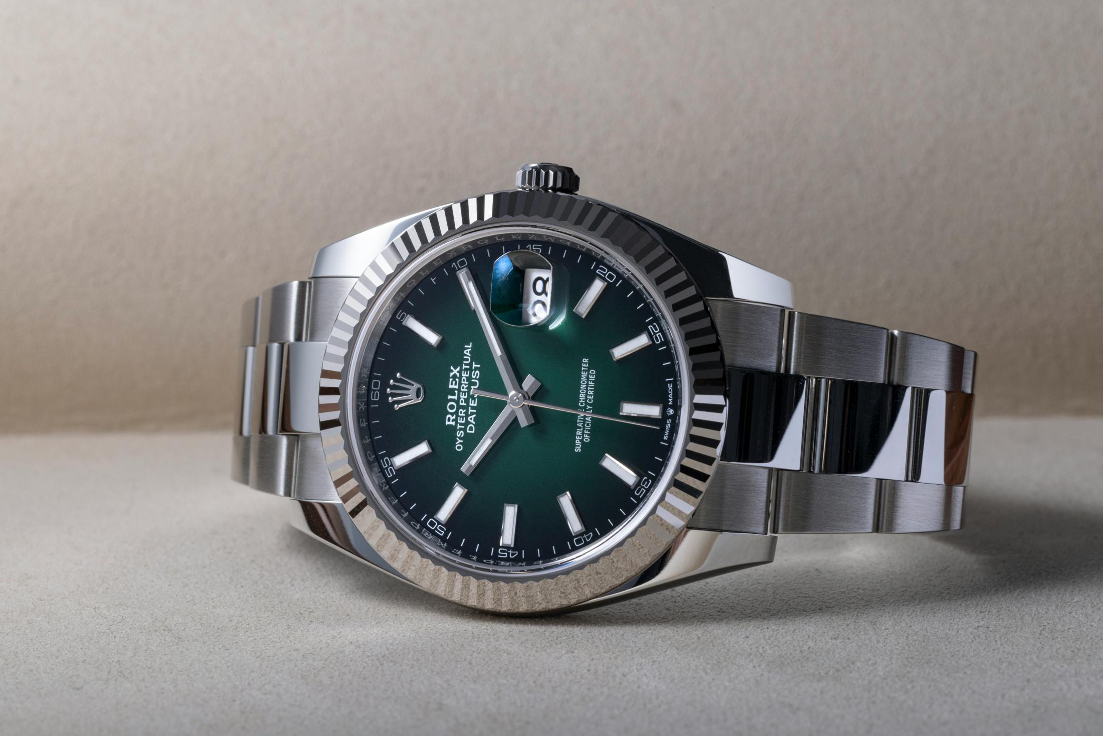 This is a Rolex Datejust in its most muscular form. The dial is profound, commanding close inspection. The green lacquer ombré effect forces consideration of the artistic vision of both the Rolex designers, conceiving the novel expression of the company's