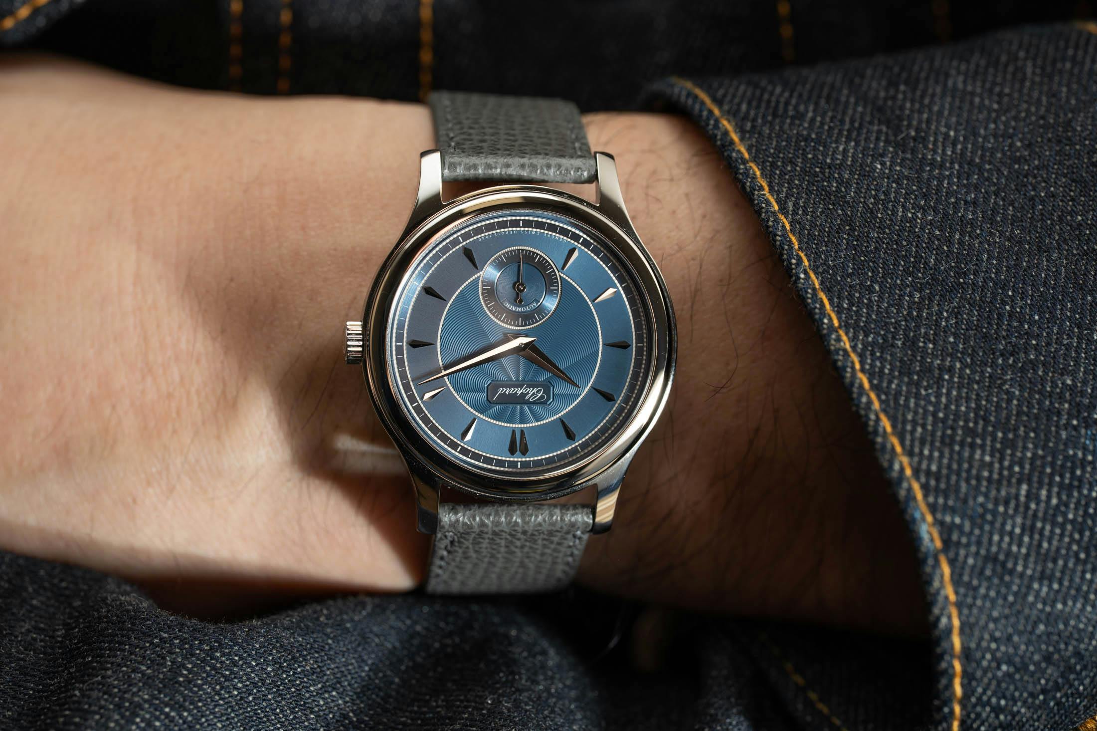 LUC 1860 Areuse Blue Front Wristshot