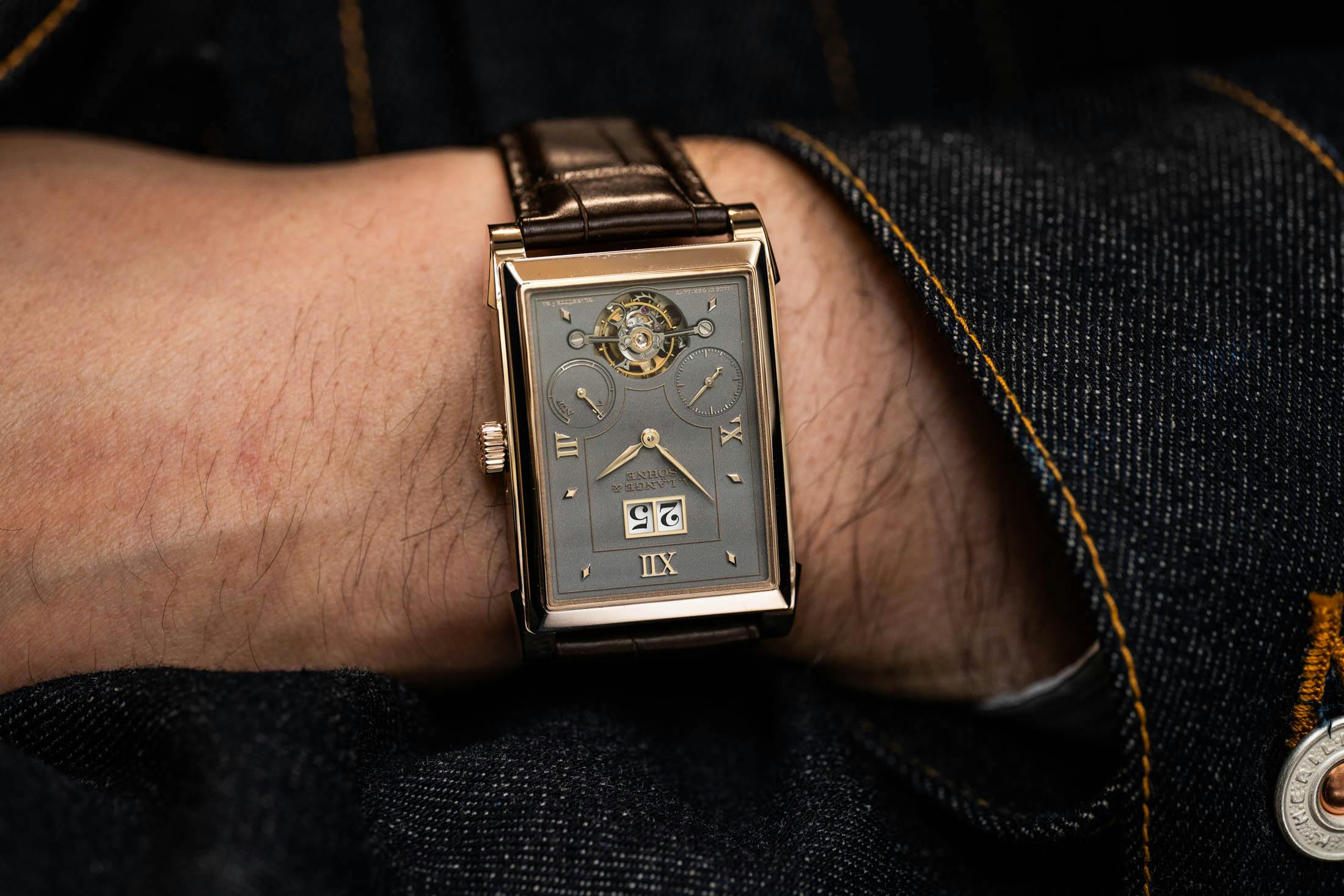 Lange Cabaret Tourbillon Honeygold Upside Down Wristshot