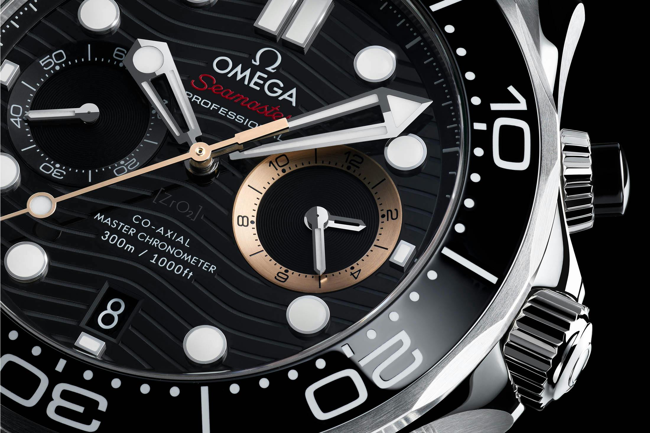 007 First Light Seamaster Chronograph Dial Closeup Angled