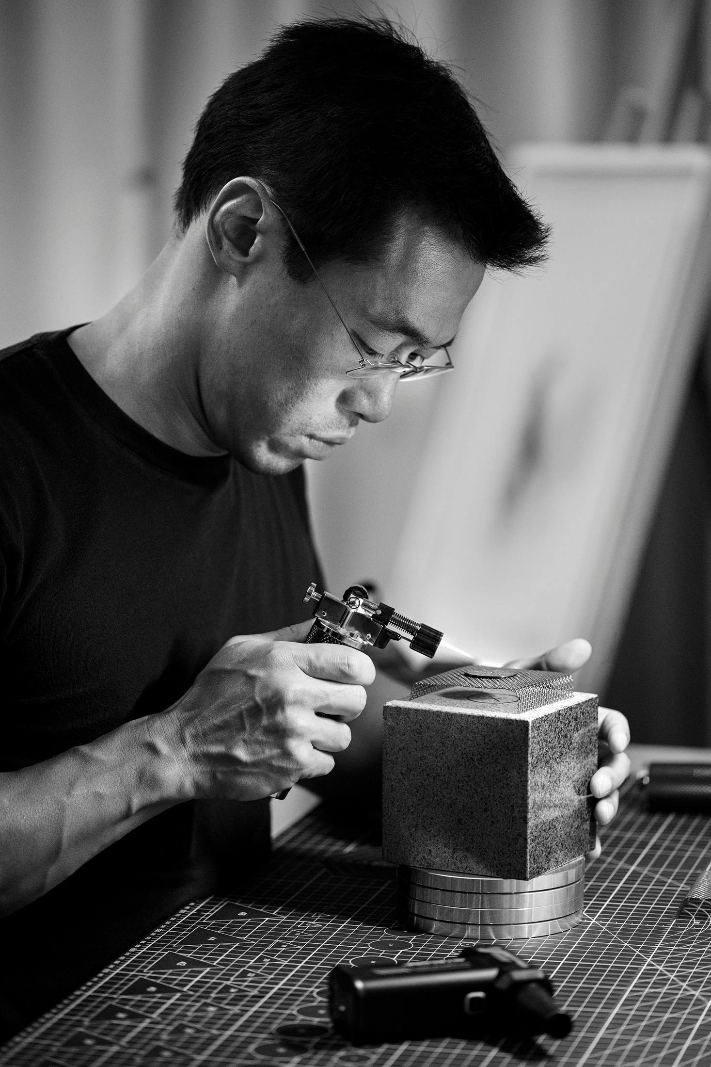 Lightning dial is crafted from grade-2 titanium and individually engine-turned by hand on a traditional rose- engine lathe using a pattern called “Lightning guilloché.”