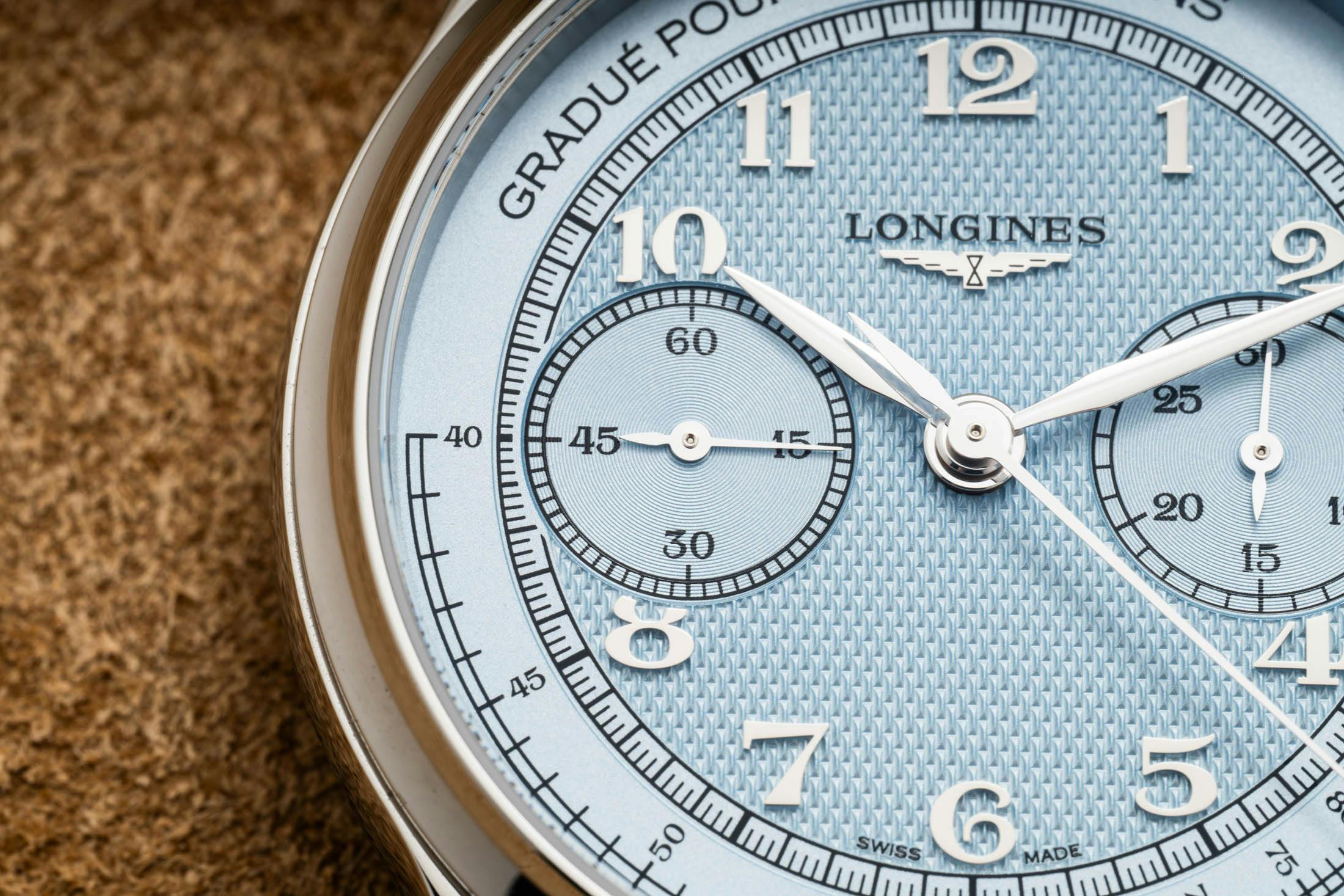 Longines Master Collection Blue Monopusher Pulsations Scale Closeup