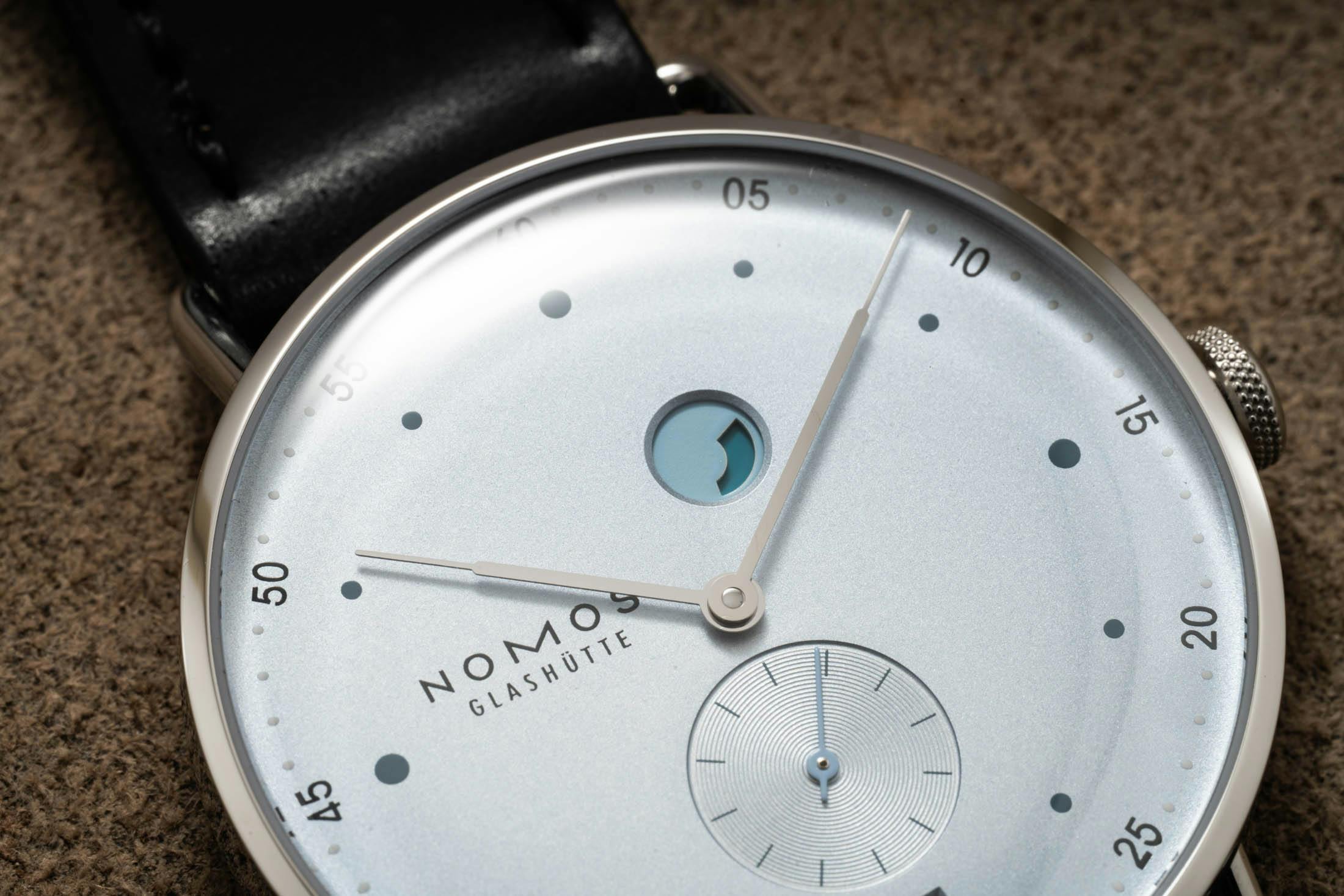 Nomos Ice Blue Power Reserve Closeup