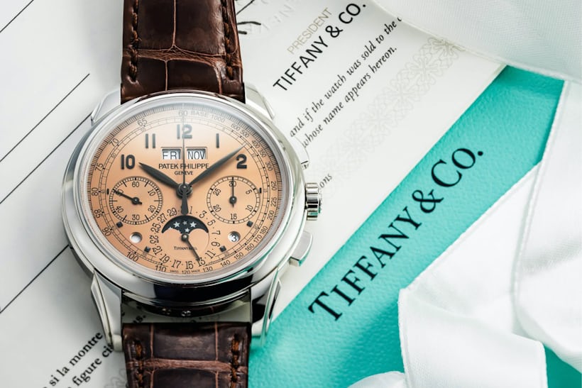 Patek Philippe Reference 5270P | Retailed by Tiffany & Co.: A platinum perpetual calendar chronograph wristwatch with moon phases, Circa 2018 