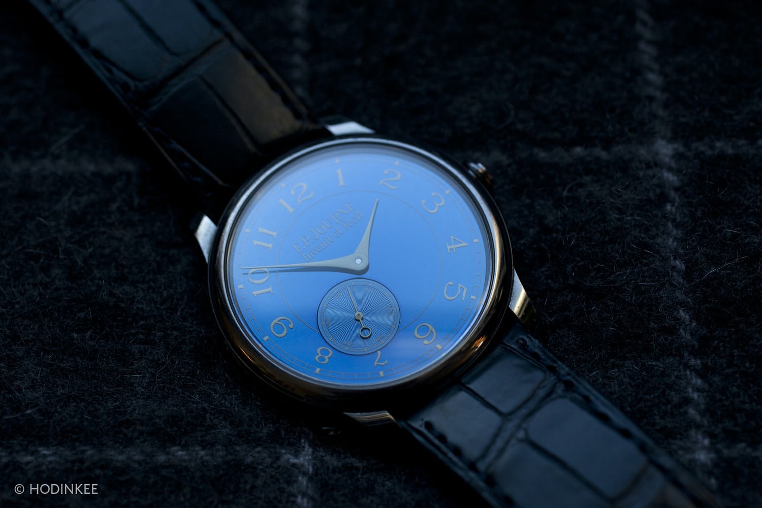 The famous reflective blue dial of the Chronomètre Bleu