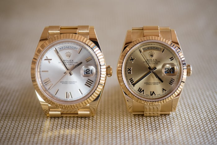 The Rolex Day-Date 40 and 36, side by side.