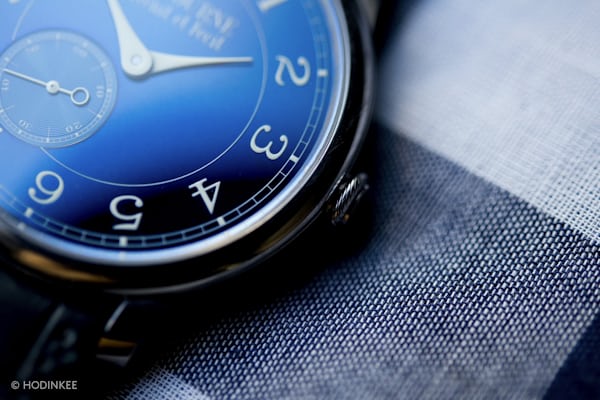 A close up of the famous reflective blue dial of the Chronomètre Bleu