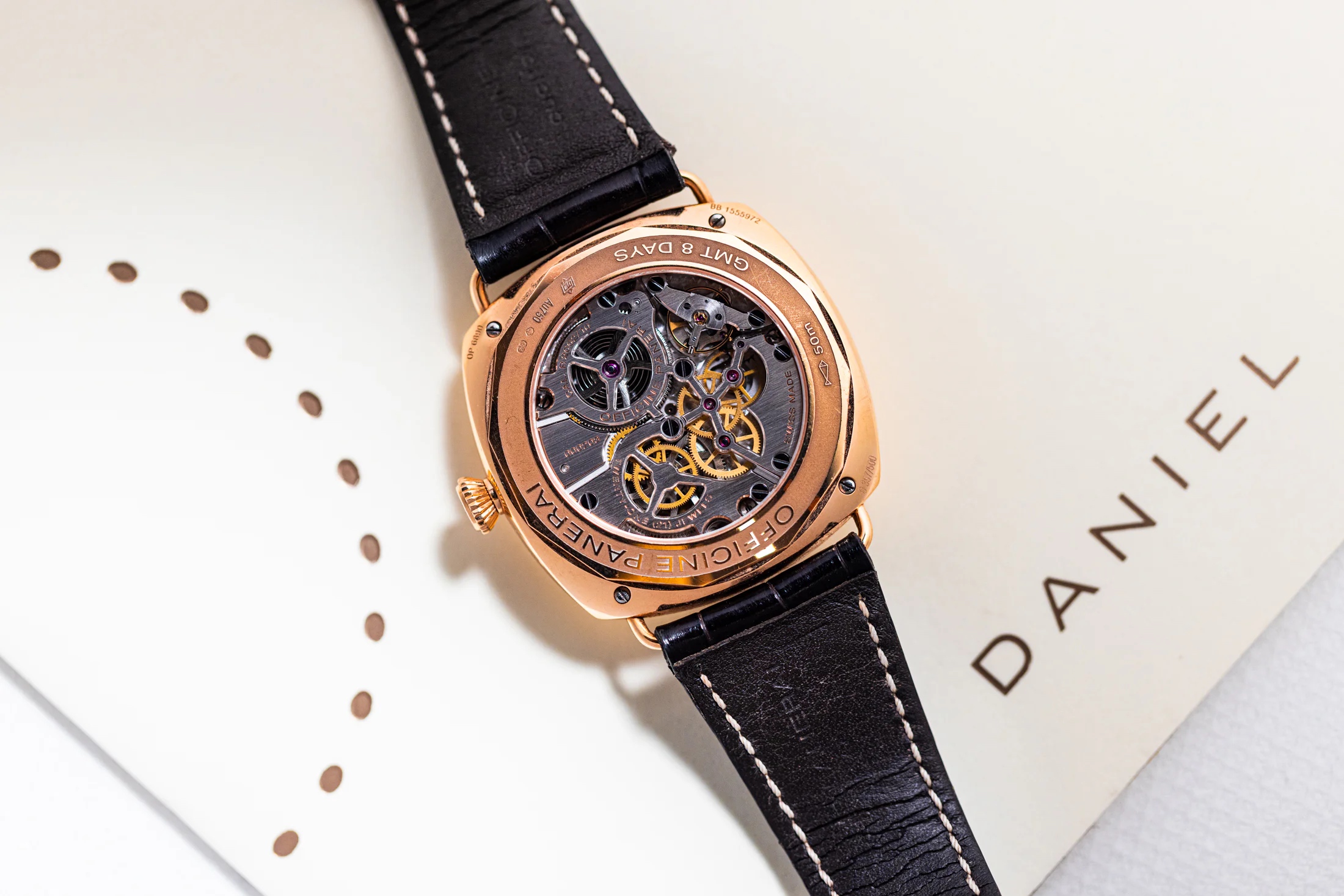 Open caseback of a Panerai Radiomir 8 Days