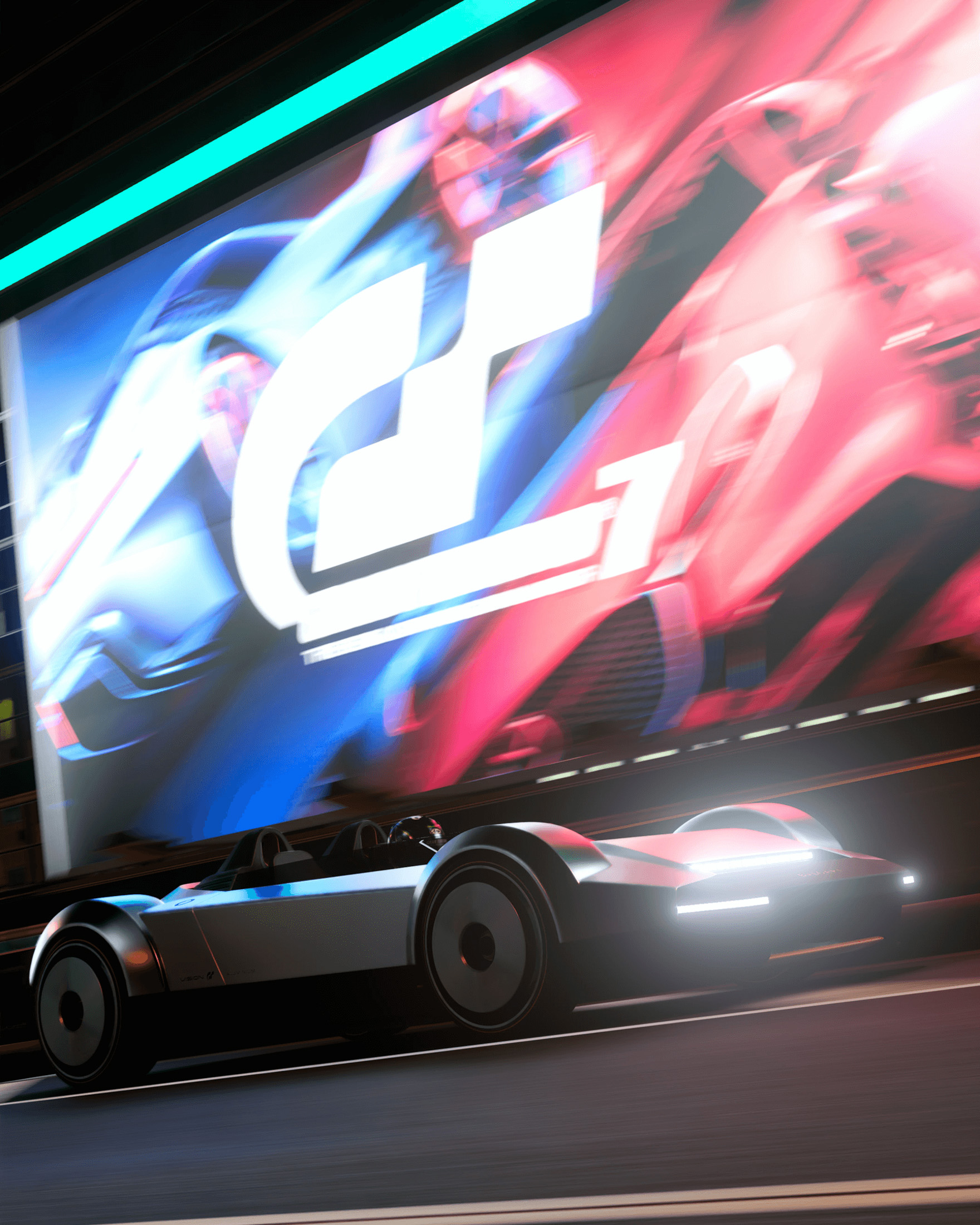 グランツーリスモ7の看板のサイネージをバックに走行するブルガリ アルミニウム ビジョン GTコンセプトカー