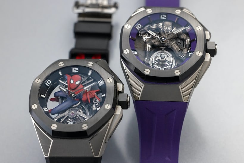 Royal Oak Concept Tourbillion Marvel collaboration watches featuring Spider-Man (left) and Black Panther (right) side by side