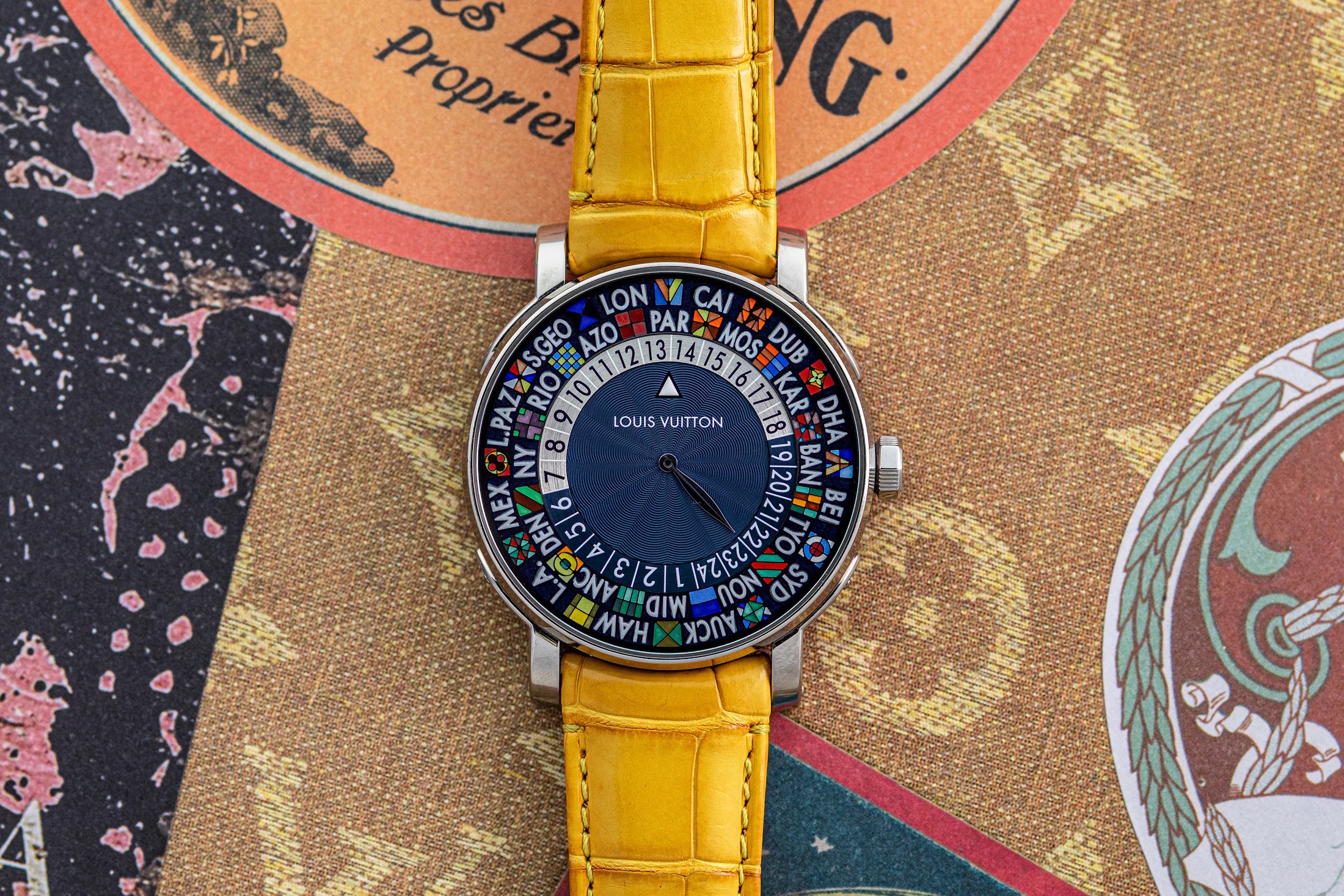 Louis Vuitton Escale Worldtime Minute repeater custom watch on an ornate background