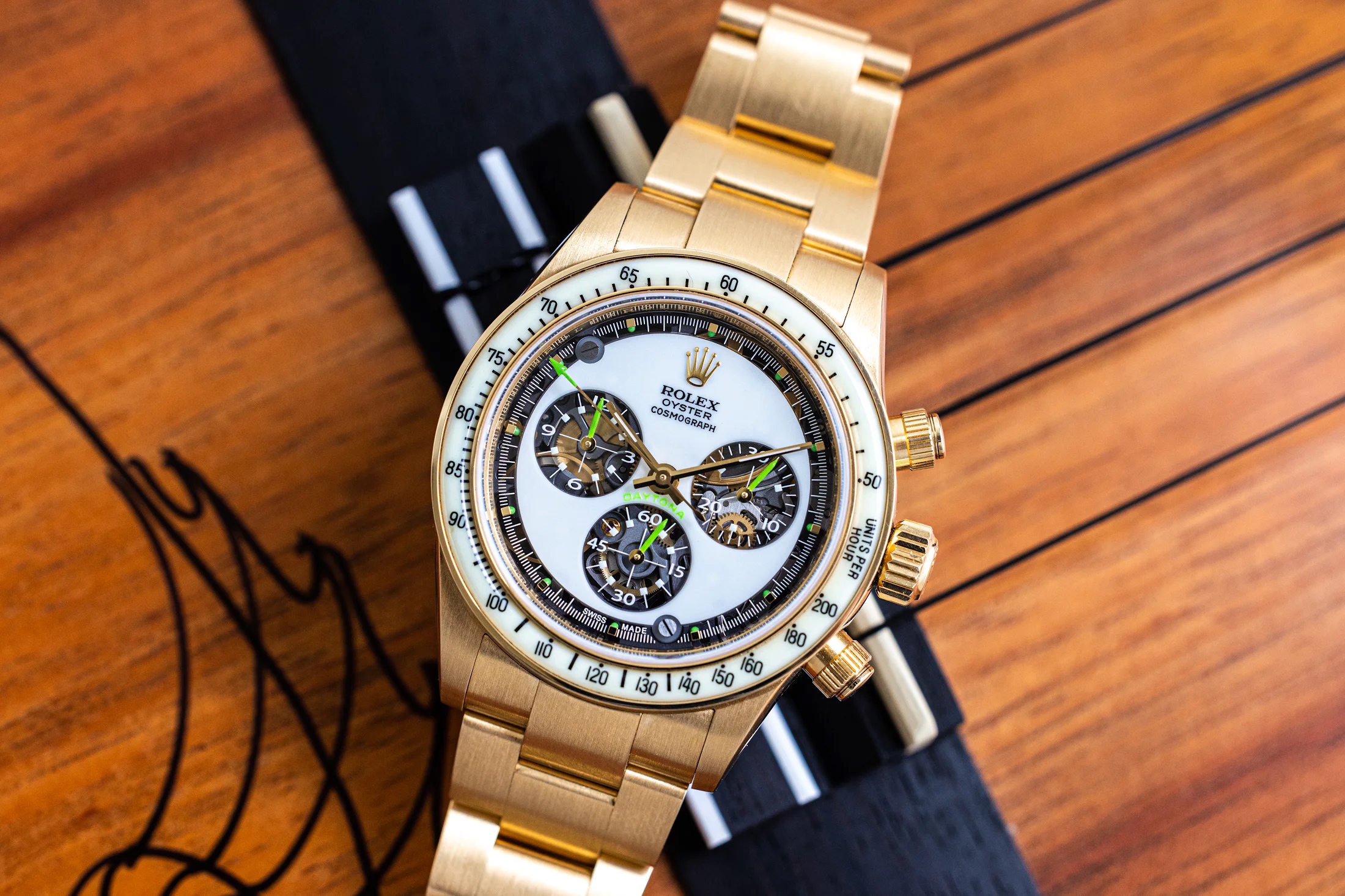 Custom Rolex Daytona on a wooden surface