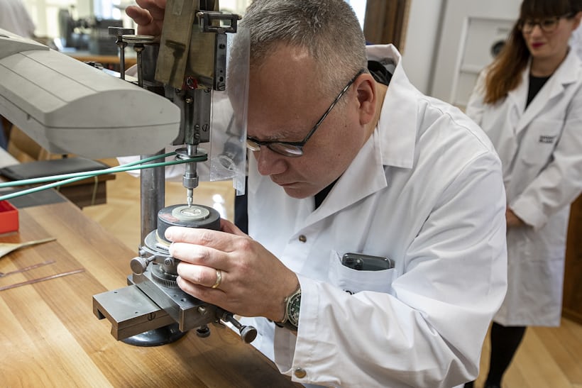HODINKEE Editor In Chief Jack Forster, doing perlage at Montblanc Minerva