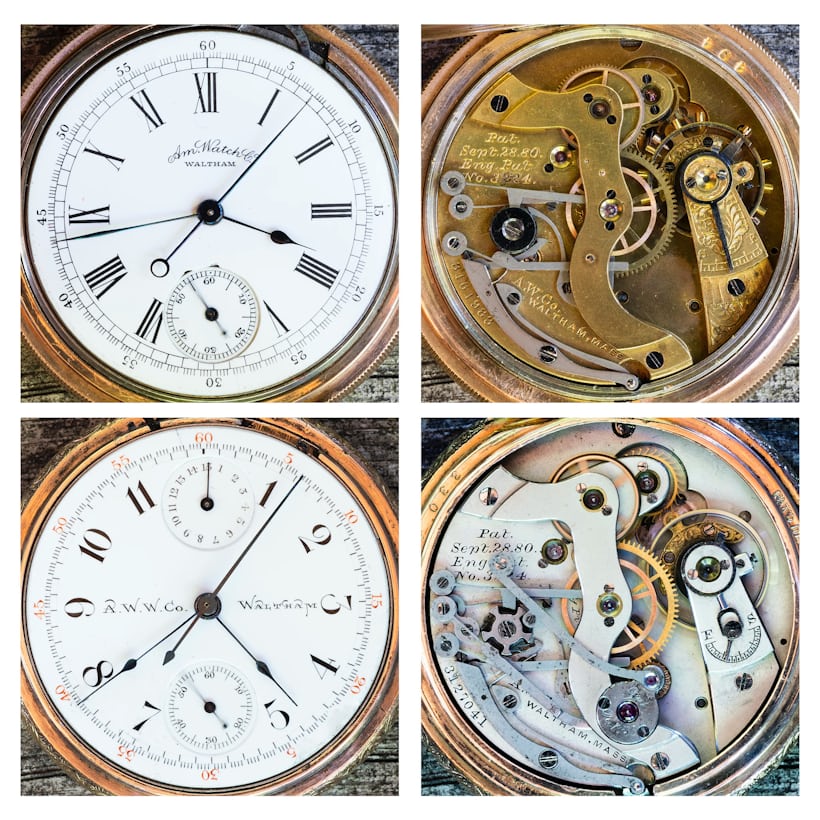 two pocket watch dials and movements 