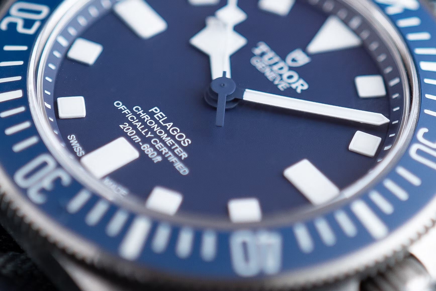 A macro shot of the dial of the Tudor Pelagos FXD.