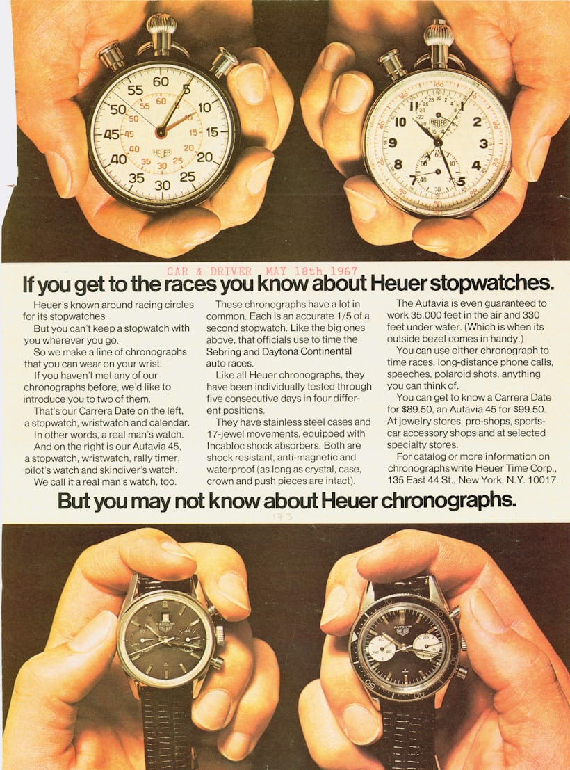 1967 Carrera Dato advertisement featuring a couple of stopwatches and the Dato 12 Carrera next to a Reverse Panda dial carrera with bezel