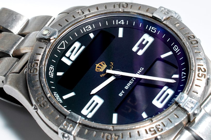 A close up of the dial of a Breitling watch 