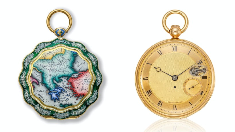 A pair of pocket watches, one with an enamel decoration and another in yellow gold
