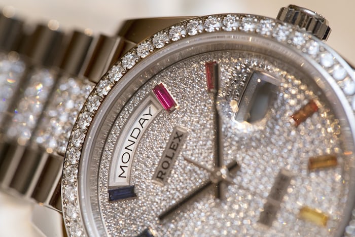 Close-up on the gem-set and pave Rolex Day-Date 36