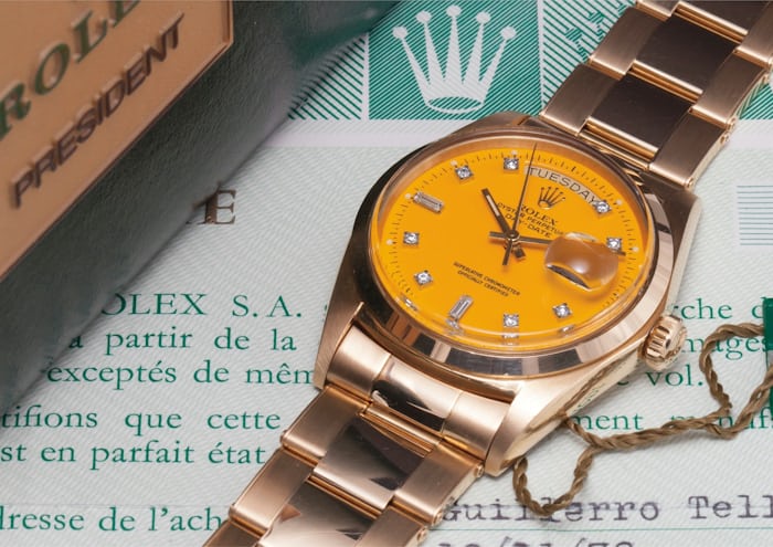 A Rolex Day-Date "Stella" – lot 58 at Phillips Glamorous Day-Date sale.