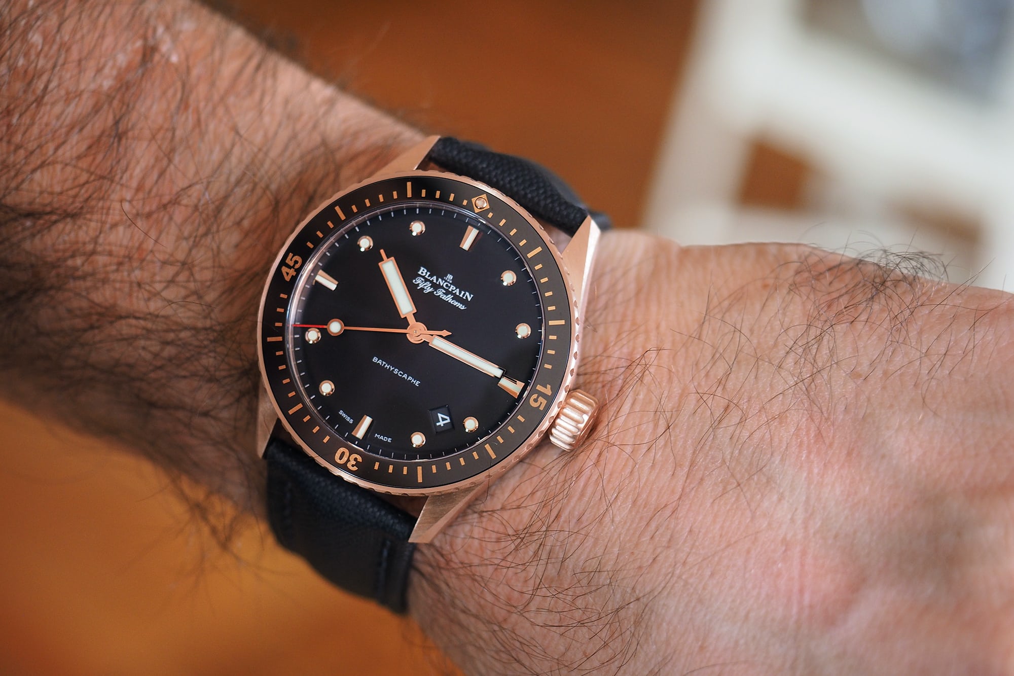 Blancpain Fifty Fathoms Sedna Gold wrist shot