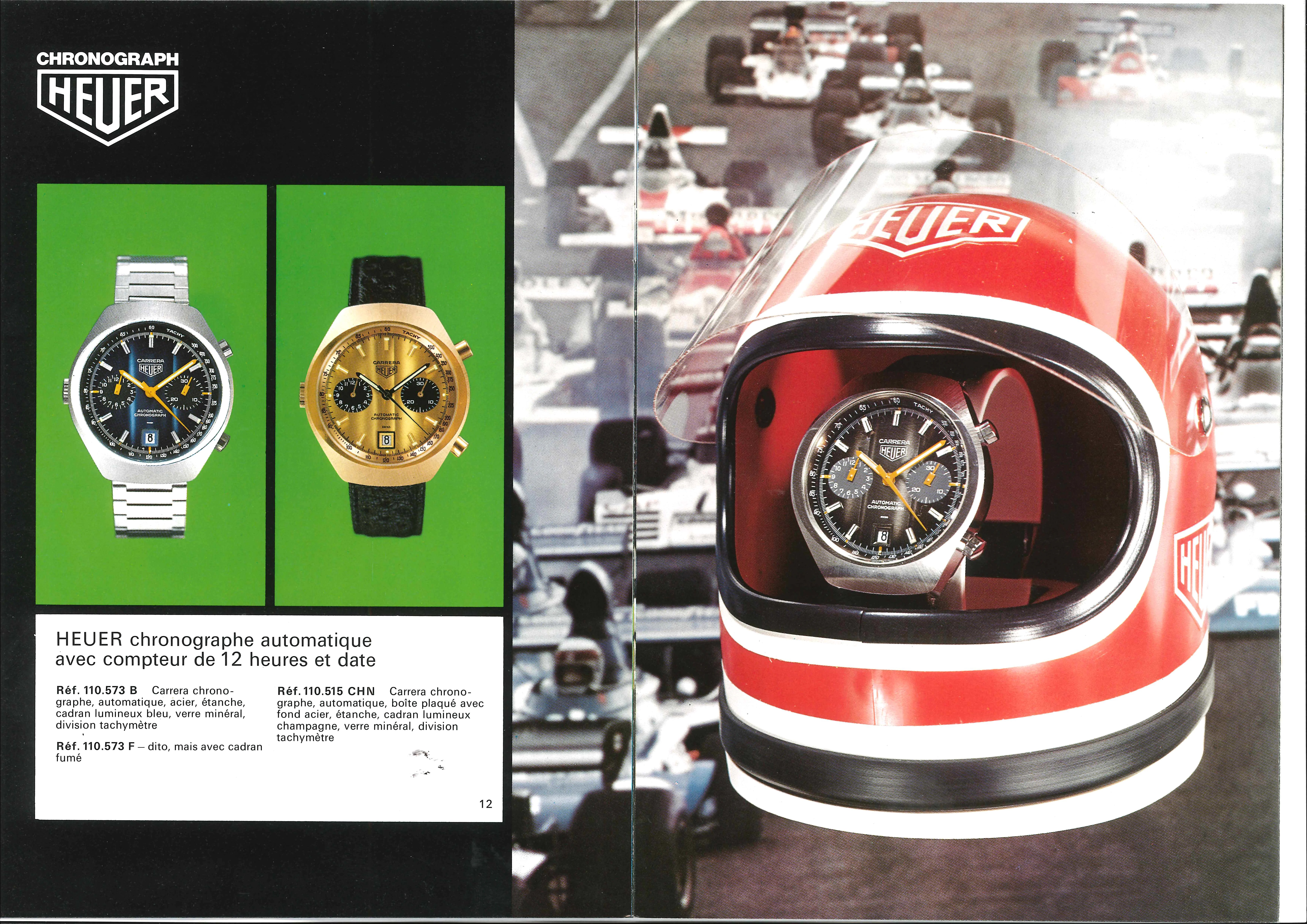 1974 advertisement featuring several barrel case Carreras, with one positioned inside of a racing helmet