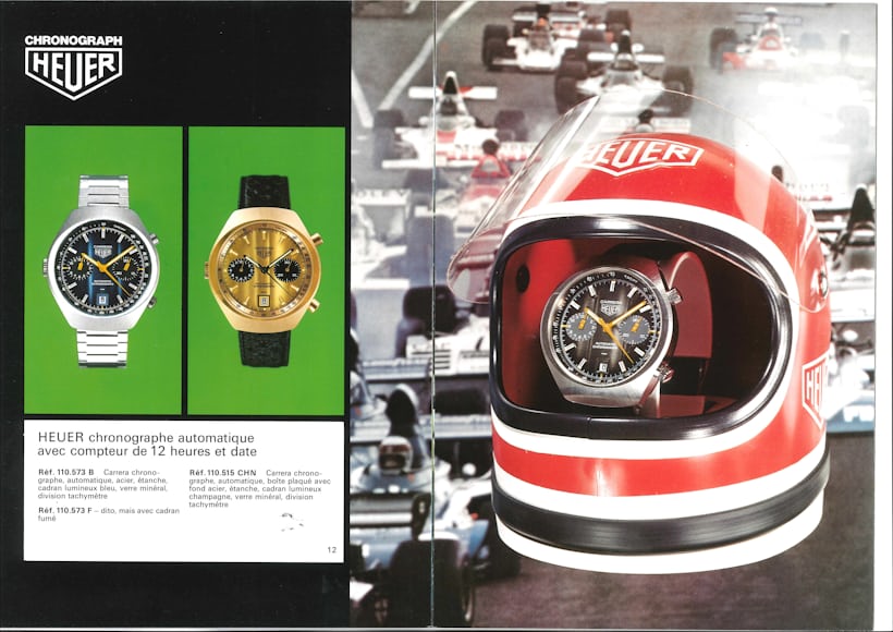 1974 advertisement featuring several barrel case Carreras, with one positioned inside of a racing helmet
