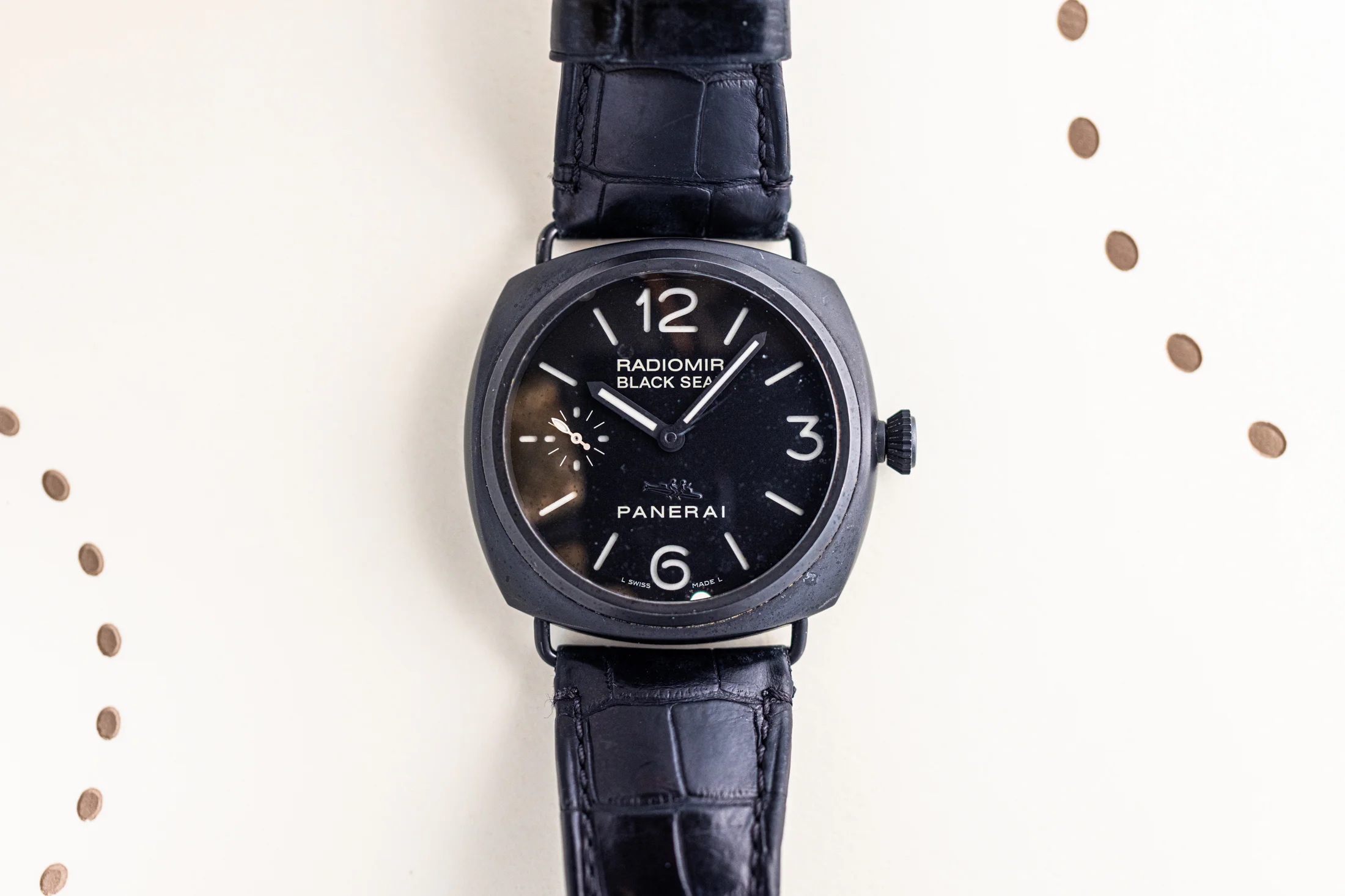Panerai Radiomir Black Seal on a white speckled background