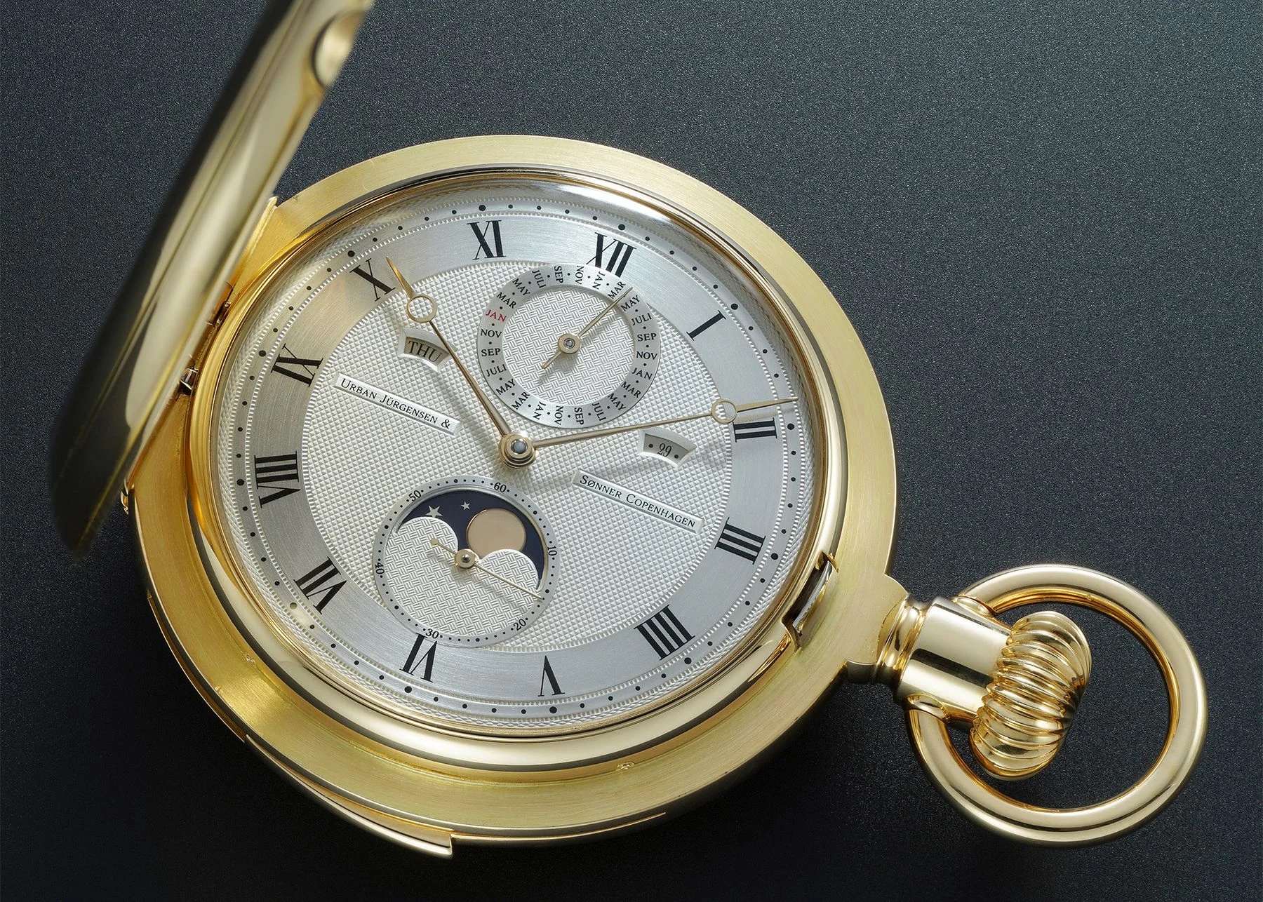 A perpetual calendar with moon phase and minute repeater pocket watch by Derek Pratt for Urban Jürgensen, 1983