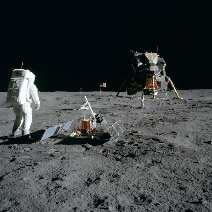 Buzz Aldrin, looking back at the Eagle lunar lander; NASA photo by Neil Armstrong.