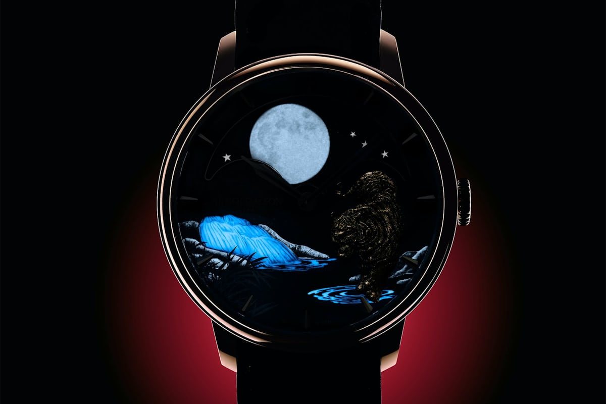 Arnold & Son Perpetual Moon Year Of The Tiger, showing luminescent Moon and landscape