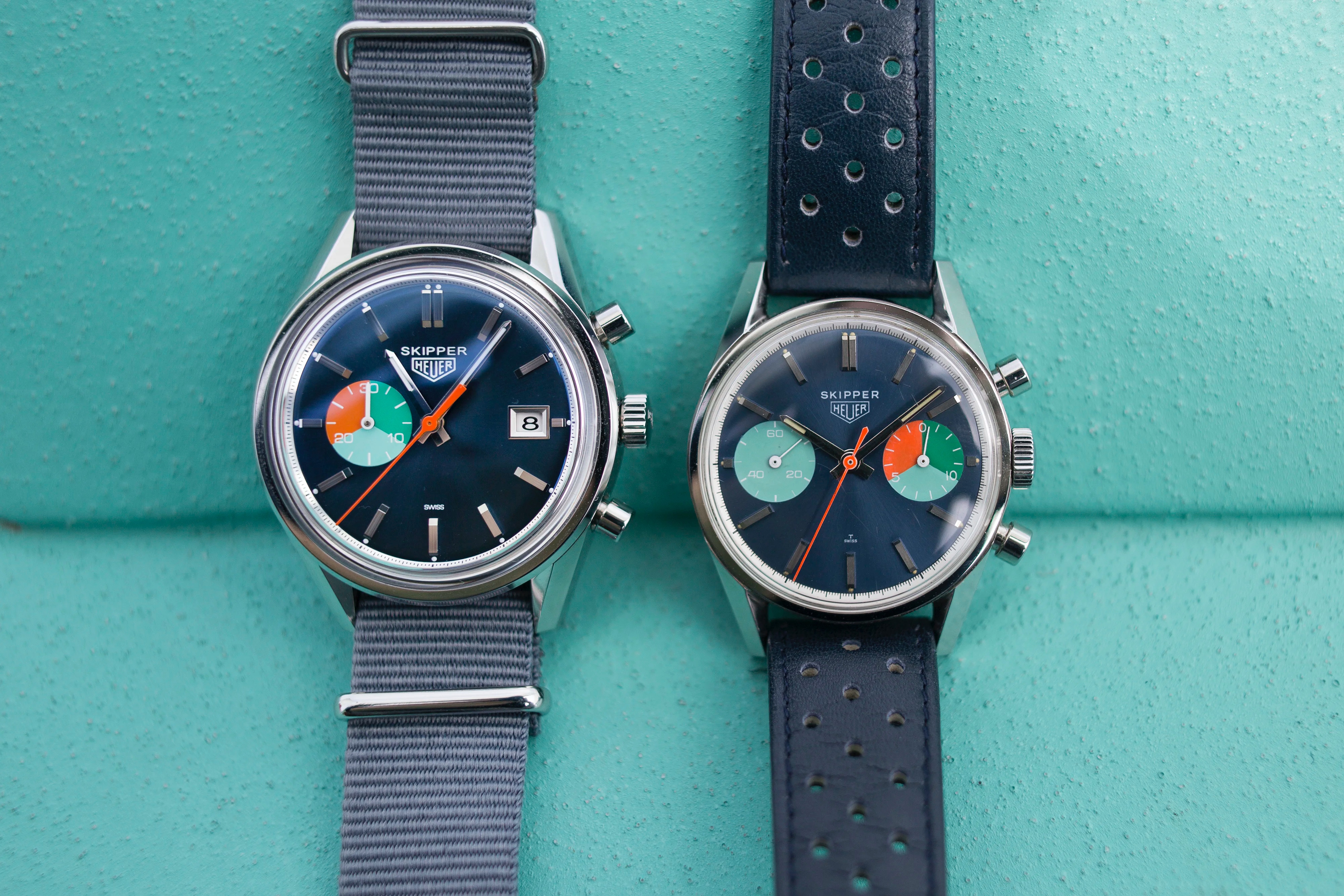 Hodinkee LE skipper (left) and original Heuer Skipper (right) side by side