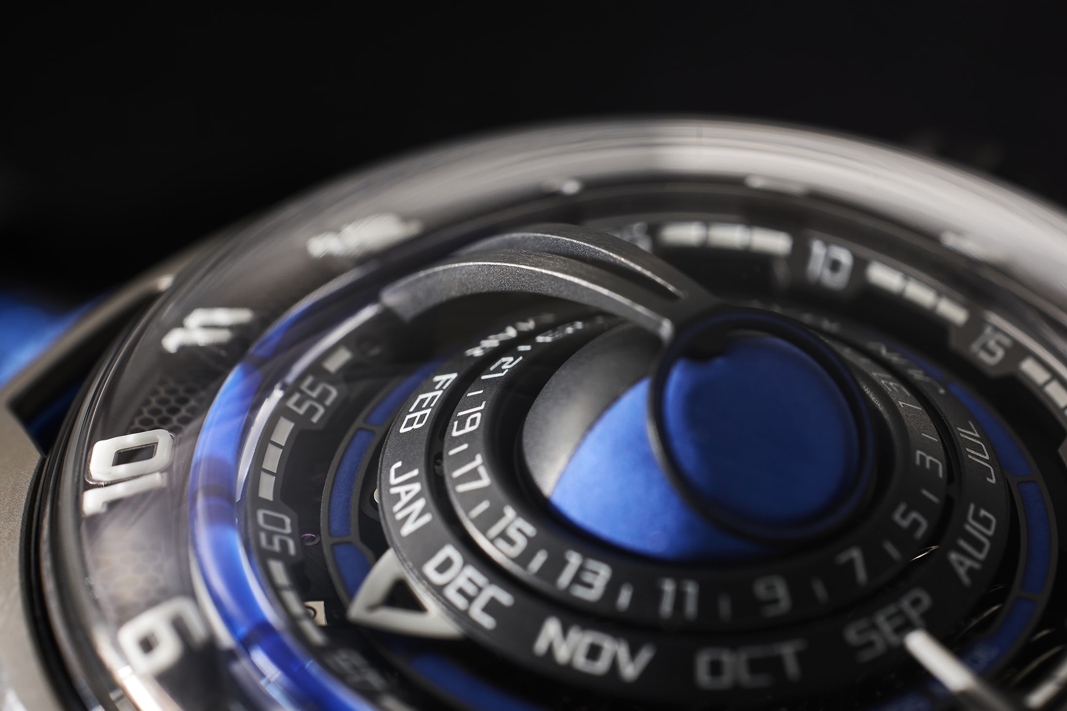HYT Supernova Blue Moon Runner moonphase closeup