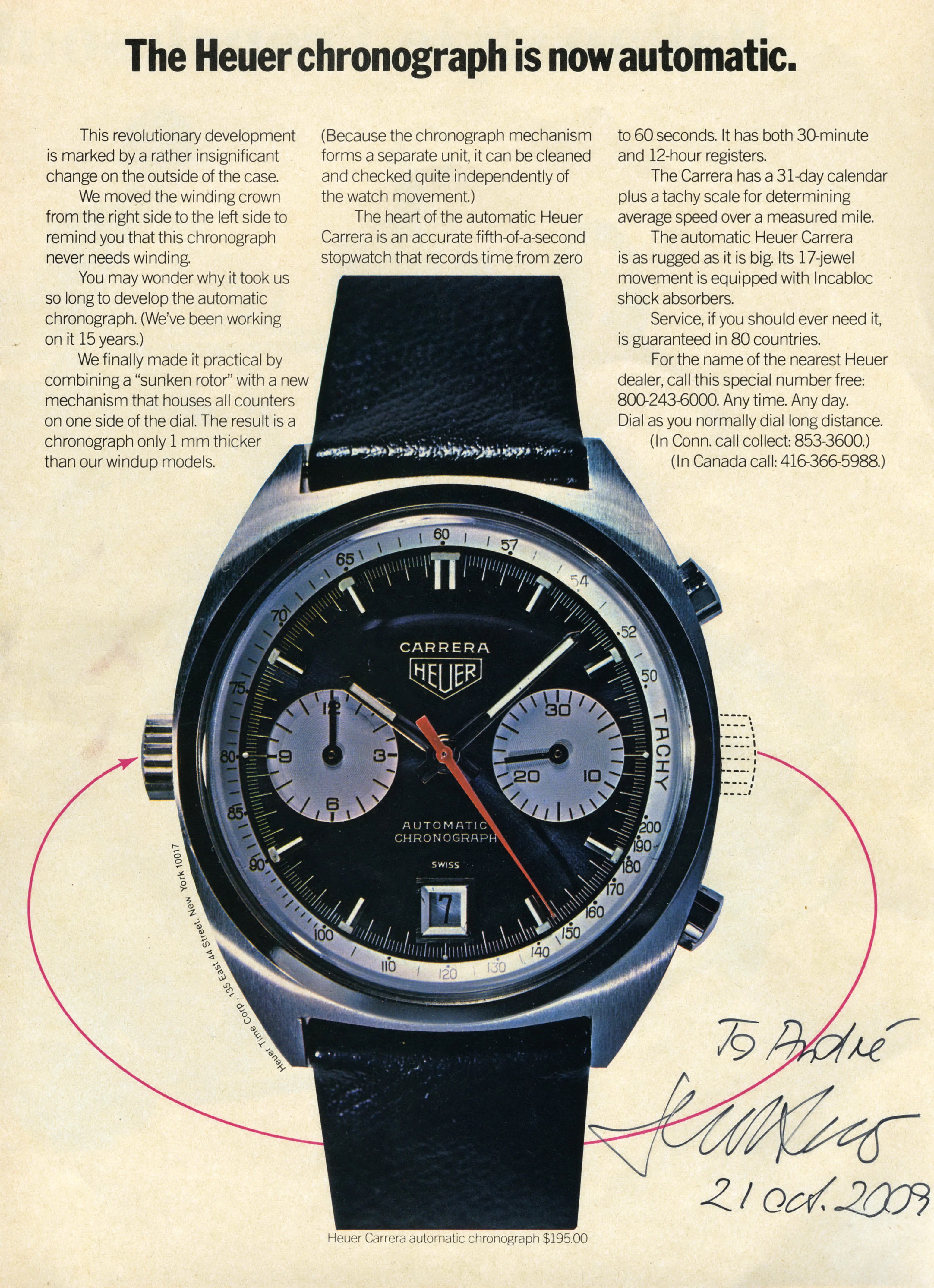 1969 Heuer Chronomatic advertisement with the headline "The Heuer chronograph is now automatic"
