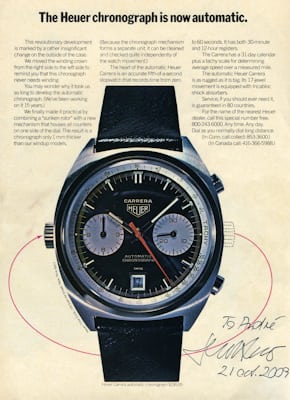 1969 Heuer Chronomatic advertisement with the headline "The Heuer chronograph is now automatic"