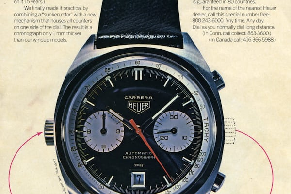 1969 Heuer Chronomatic advertisement with the headline "The Heuer chronograph is now automatic"