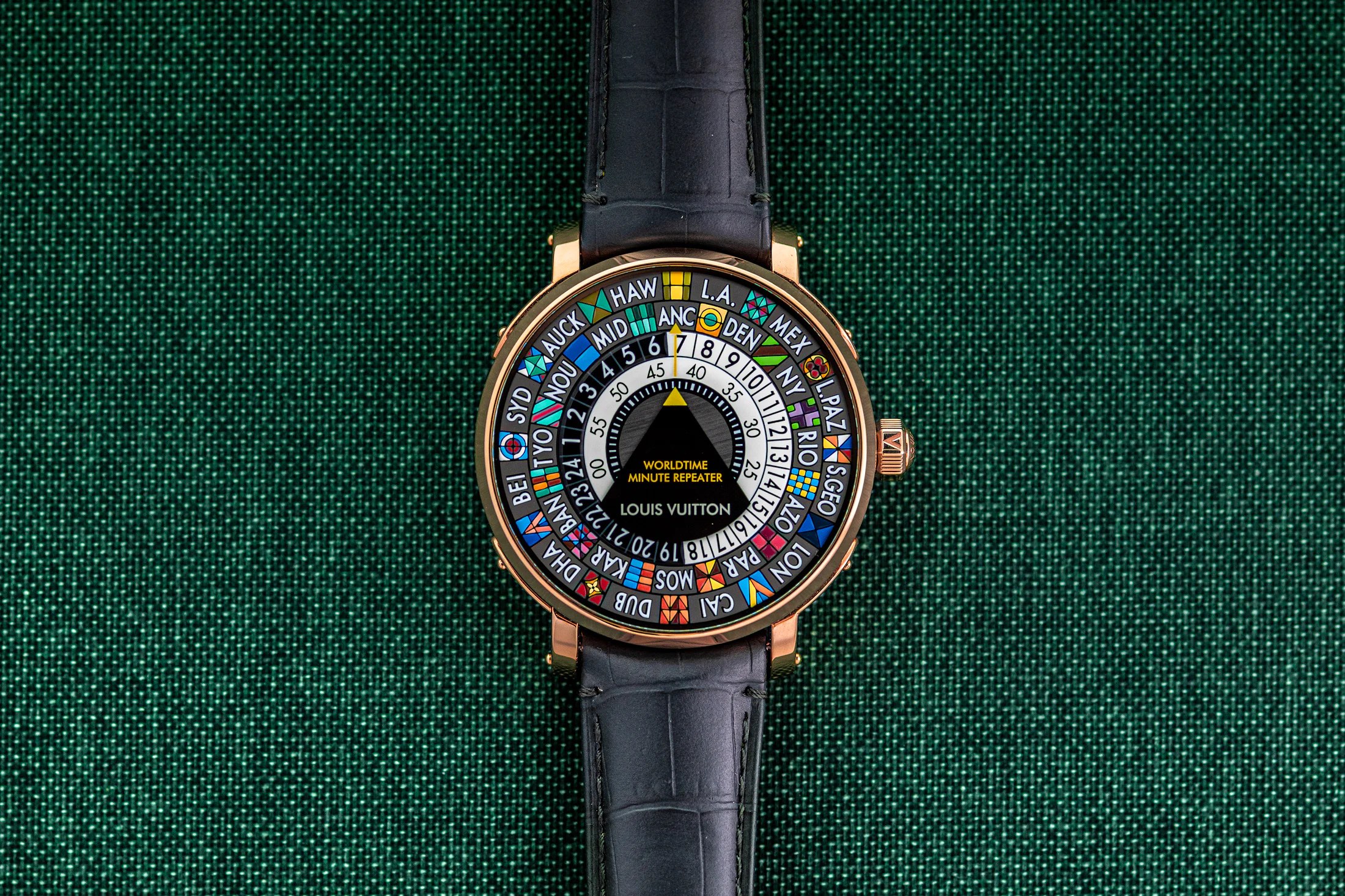 Louis Vuitton Escale Worldtime Minute repeater watch on a textured background