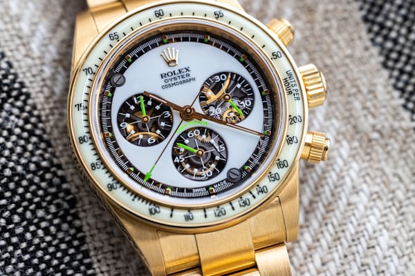 Close up of the dial and skeleton subdials on a custom rolex daytona